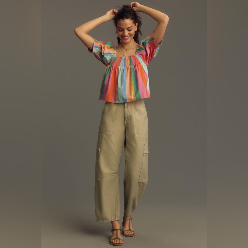 New Mille Resort x Anthropologie Multi Color Striped Caro Puffy Top Shirt sz XS